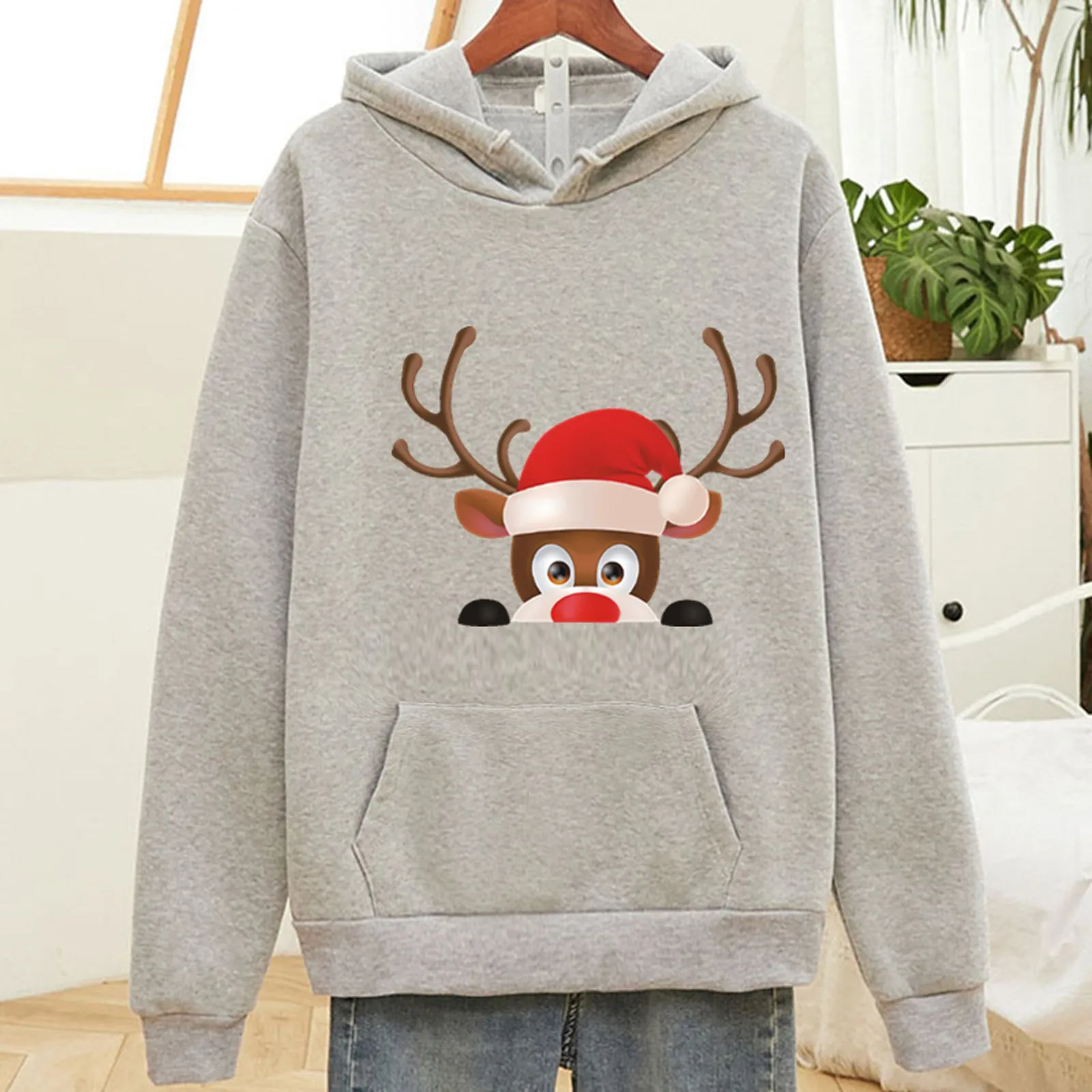 Women Autumn Winter Warm Long Sleeve Hooded Tops  Deer Head Print Hoodie Christmas Sweatshirt Pullover