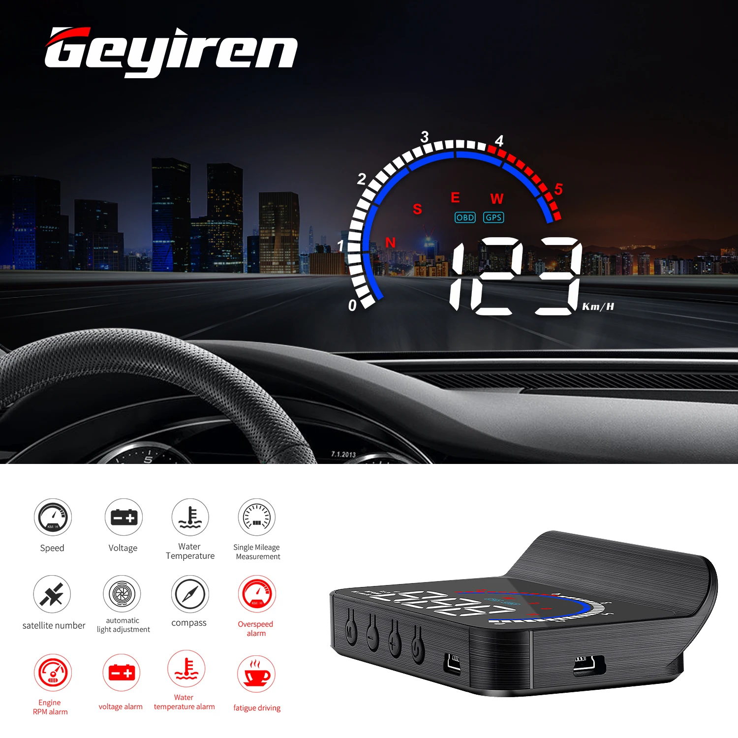 

GEYIREN M13 HUD OBD2 GPS head up Display Car MPH Auto Electronics Detector Oil Consumption ecurity Alarm windshield Projector