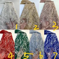 7 colors african guipure french embroidered beaded bridal lace fabric with sequins transparent tulle textiles for sewing dresses