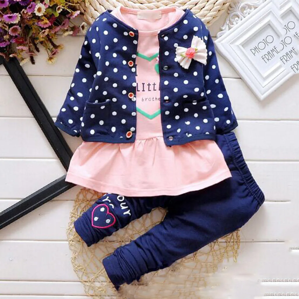 3Pcs Infant Baby Girl winter clothes Polka Dot Shirt+Kids Pants+Outer Princess girl clothes cotton Outfits Set roupa infantil