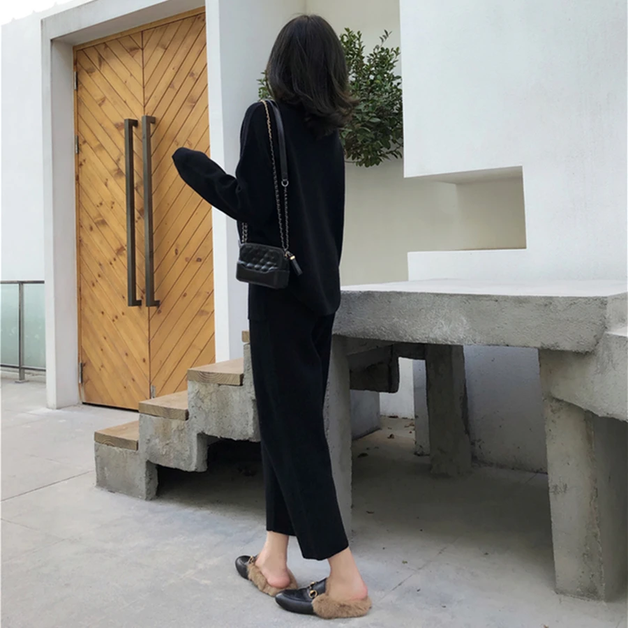 Autumn Winter Knitted Set Women Thick Warm O-Neck Loose Knit Suit Slim Pocket Harem Pants Oversized Casual Elegant Black Clothes