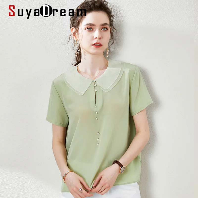 SuyaDream женская блузка офисная из 100% шелка с жемчугом и бусинами короткими рукавами