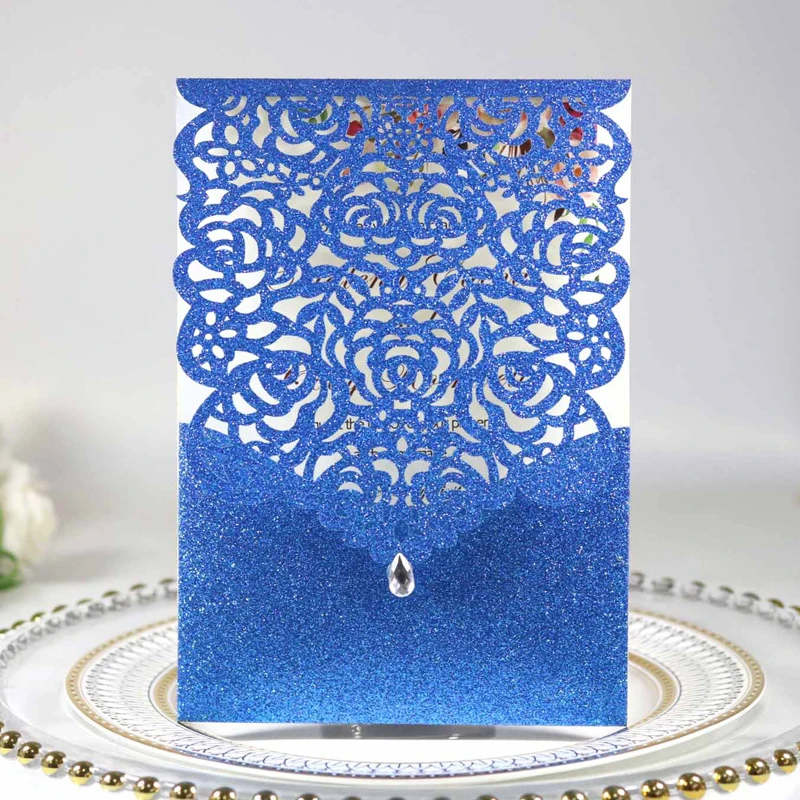 

(50 pieces/lot) New Luxury Glittery Royal Blue Wedding Invitations With Crystal Personalized Birthday Quinceanera Cards IC056