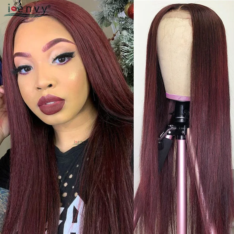 Бордовый парик на сетке спереди человеческие волосы перуанские 99J красный прямой