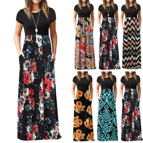 

Vintage Floral Print Boho Dress Women Long Maxi Dress Evening Party Beach Summer Dress Vestidos Short Sleeve Split Dresses