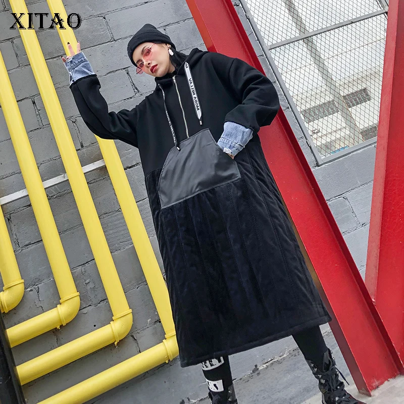 XITAO Drawstring женские толстовки модные размера плюс черные длинный рукав с капюшоном