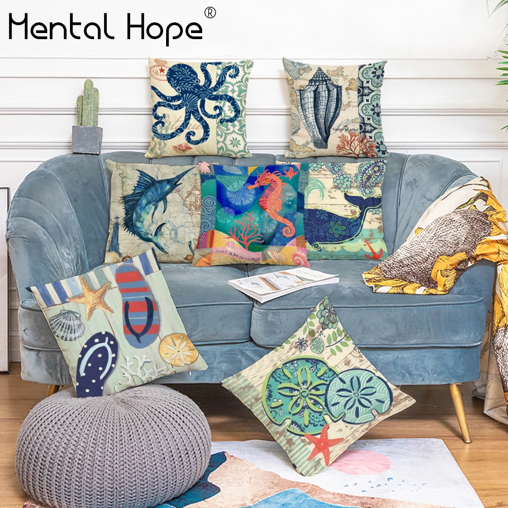 

Ocean Animal Style Cushion Cover Turtle Printed Throw Pillow Cover Linen Cotton Home Decor Octopus Pattern Square Pillowcase