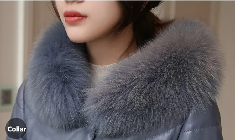 

Coat Sheepskin Female Genuine Leather Jacket Fox Fur Collar Hooded Long Winter Down Coats jaqueta couro feminina