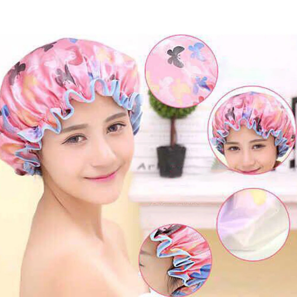 Женская двухслойная Водонепроницаемая эластичная шапочка для душа с рисунком