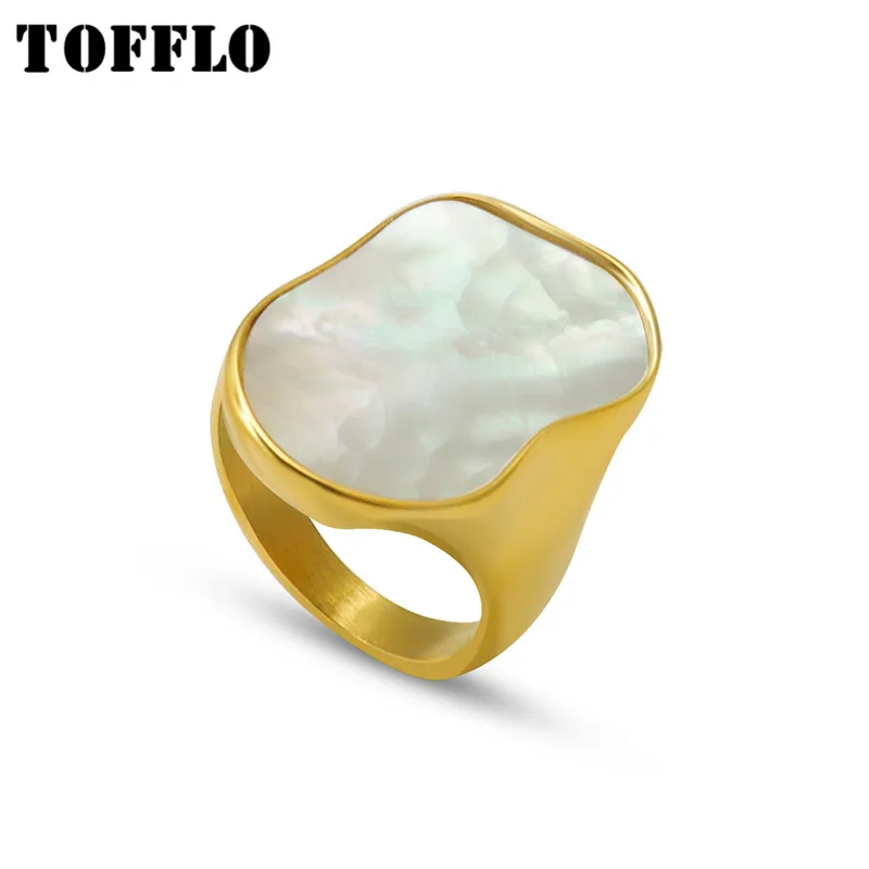 

TOFFLO Stainless Steel Jewelry 18 K Gold Handmade Special-Shaped White Seashell Ring Female Fashion Ring BSA259