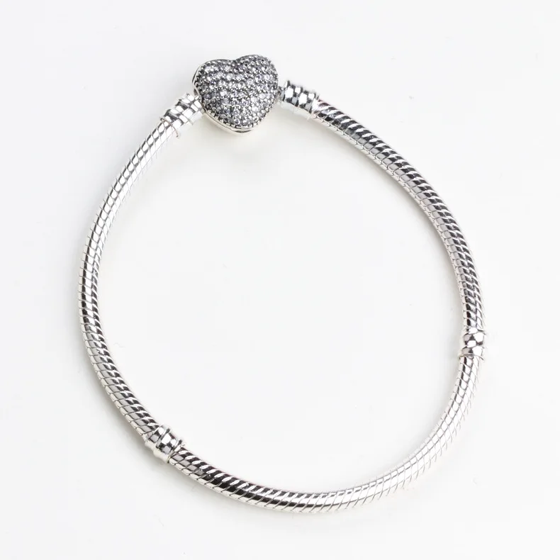 

Silver Color Charms Basic Bracelets Love Heart Shape Clasp Clip With Full Crystal Snake Chain For Women Wedding Jewlery