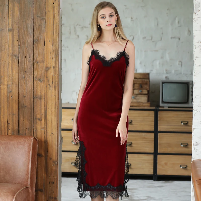

Ladies Spring Autumn Winter Velvet Sleepdress Long Skirt Lacy Slit Underdress Hot Sexy Halter V-neck Lingerie Strap Sleepwear