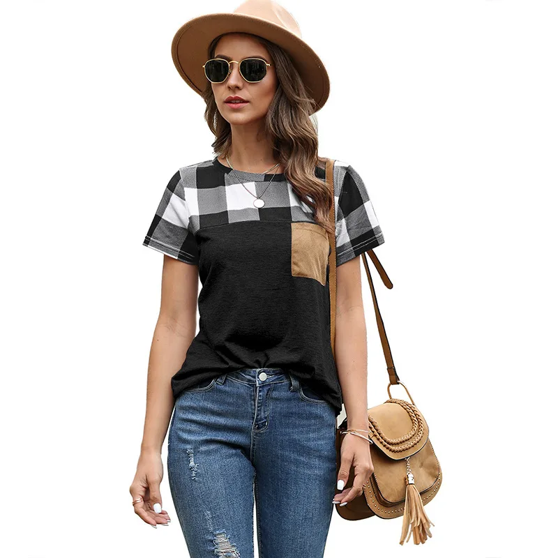 

Women Short Sleeve O Neck Tee Shirts Fashion Plaid Patchwork Summer Casual Tee T-Shirt for Women