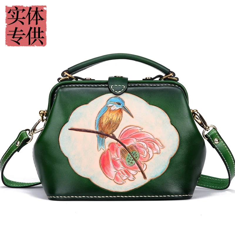 

Handmade leather carving women's bag handbag new top leather Chinese style magpie doctor's bag physical store