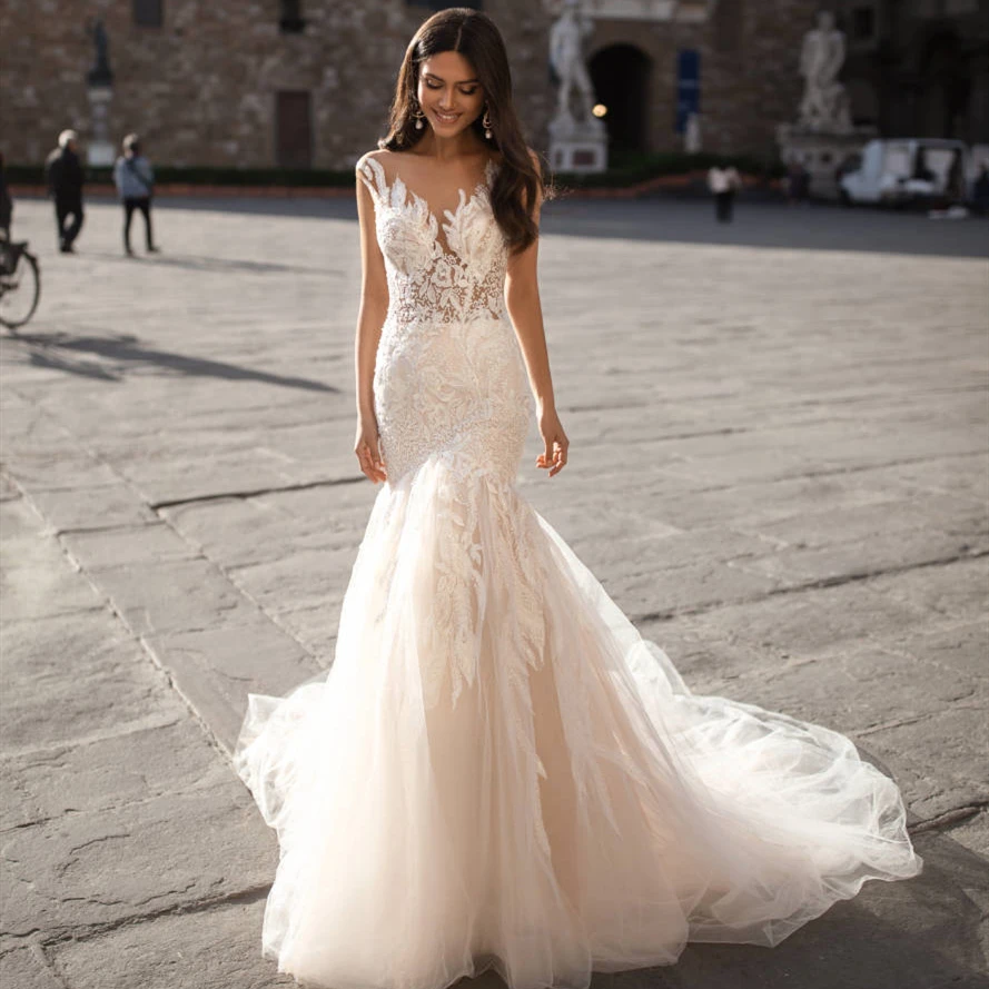 

New Sexy Long Boho Wedding Dress 2020 Illusion Neck Sleeveless Court Train Appliques Lace Tulle Mermaid Bridal Gowns Vestidos
