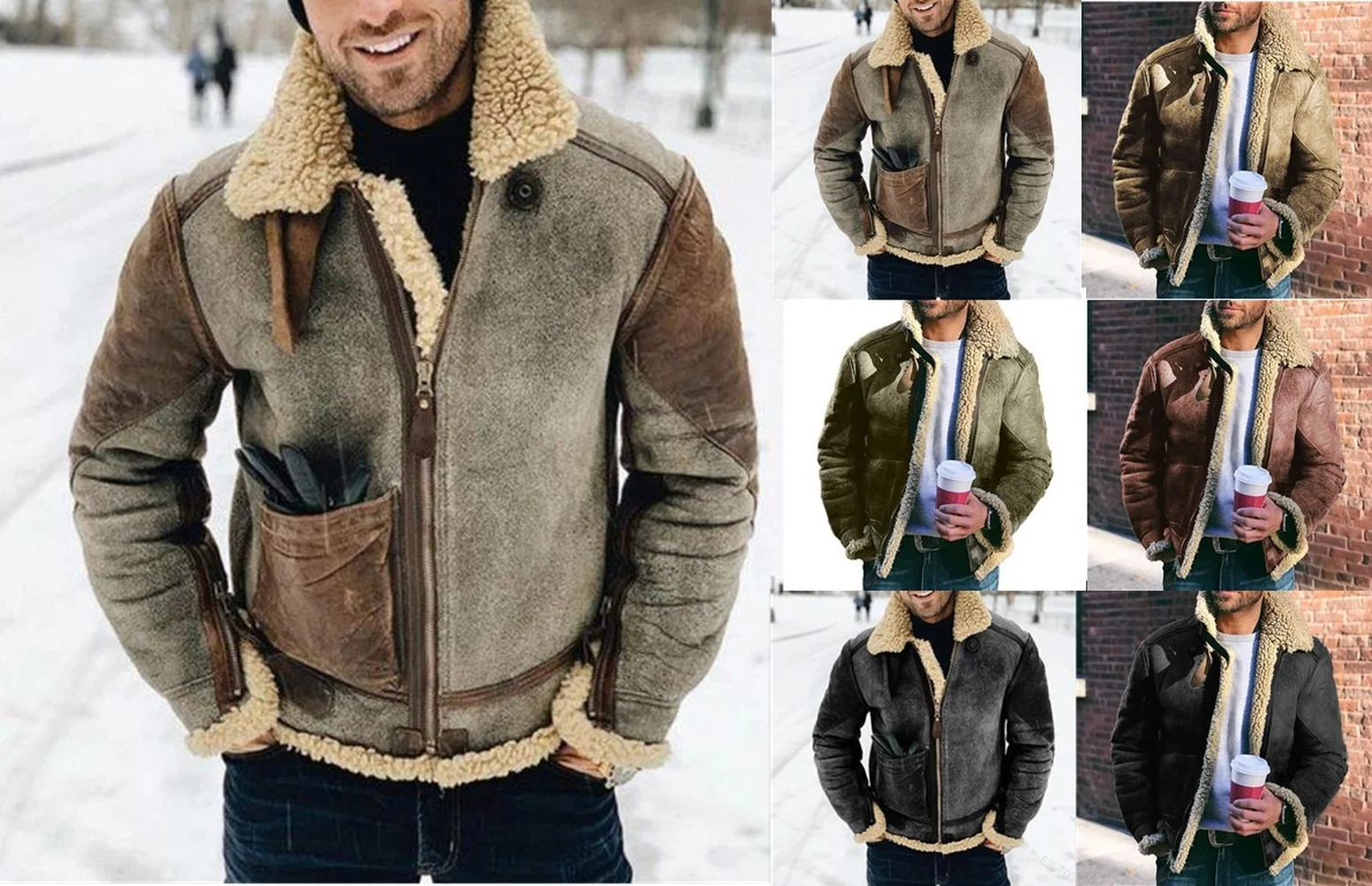 

ZOGAA Faux Leather Men's Jacket Winter Warm Jacket Thicken Large Lapel Contrast Color