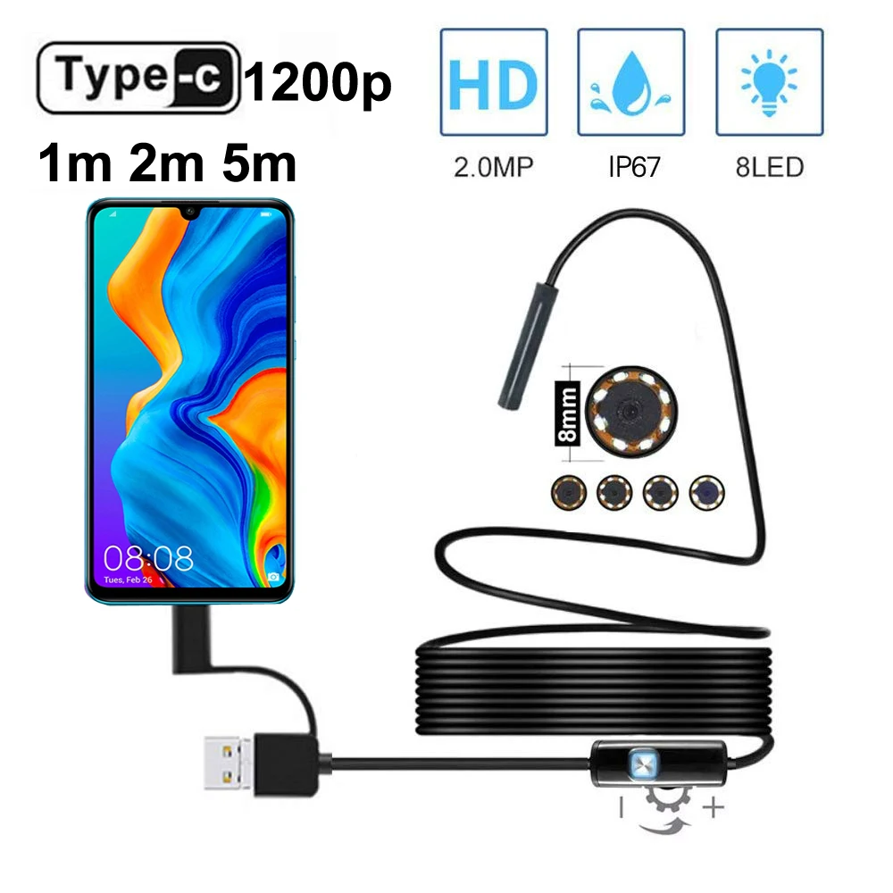 

Edityfo USB C Endoscope Camera 1200P 8mm 1M 2M 5M Soft cable Endoscope Borescope Inspection Camera for Android Phone & Computer