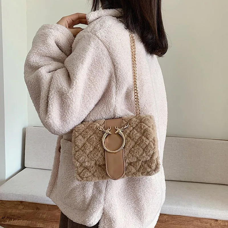 Женская зимняя мягкая Наплечная Сумка из искусственного меха клетчатая плюшевая