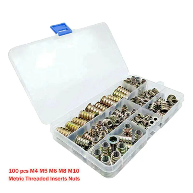 100pcs Zinc Alloy Furniture Hex Socket Screw Inserts M4 M5 M6 M8 M10 Threaded Drive Tool Kit Wood Nuts |