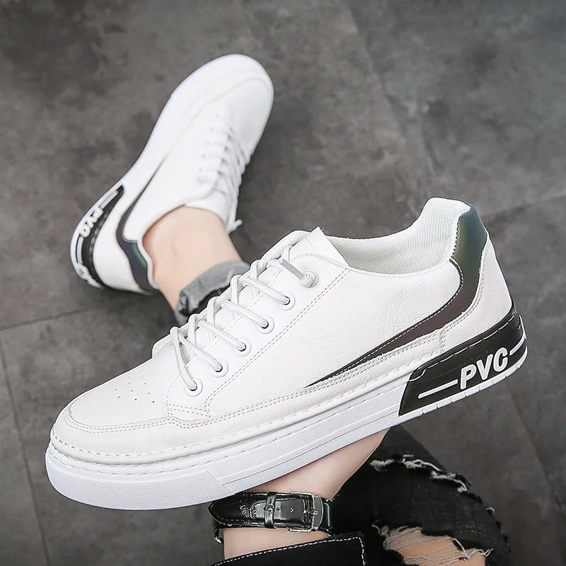 

2021 New Korean Fashion Men's Casual Shoes Students White Sneakers Breathable Soft Leather Man Flats Sport Board Shoes 2.5