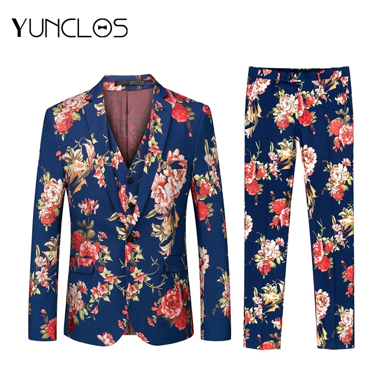 Мужской костюм с цветочным принтом YUNCLOS Свадебный и вечерние костюмы из 3