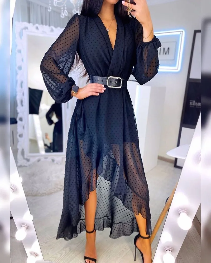 

Women Sexy V Neck Patchwork Lantern Sleeve Dot Mesh Dress Ruffles Wrap Maxi Dress