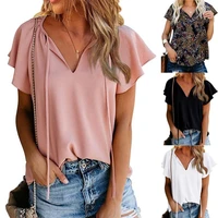 2021 summer t shirt women fashion ruffled solid color short sleeve tops casual printing v neck cotton blend t shirt ladies