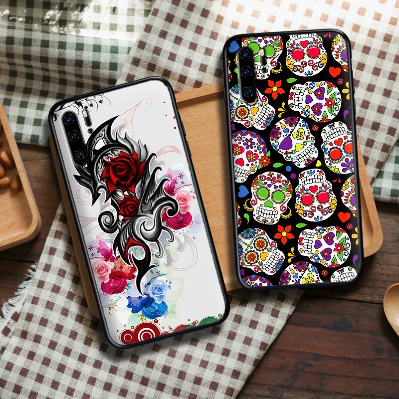 Череп татуировка в форме цветка Чехлы для мобильных телефонов huawei P10 P20 2019 M10 M20 M30 S6
