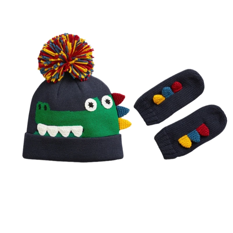 

F42F Cute Baby Hat Glove Set Thicken Warmer Children Hat Glove Suit for Girls Boys Cotton Knitted Kids Caps for Cold Weather