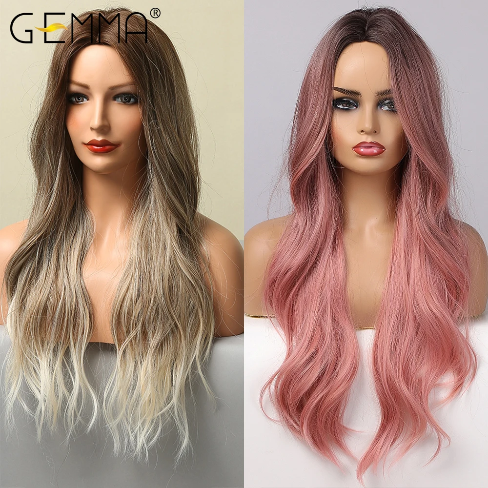 

GEMMA Long Wavy Synthetic Wigs Ombre Brown Gray Ash Light Blonde Middle Part Wig for Women Afro Heat Resistant Cosplay Hair