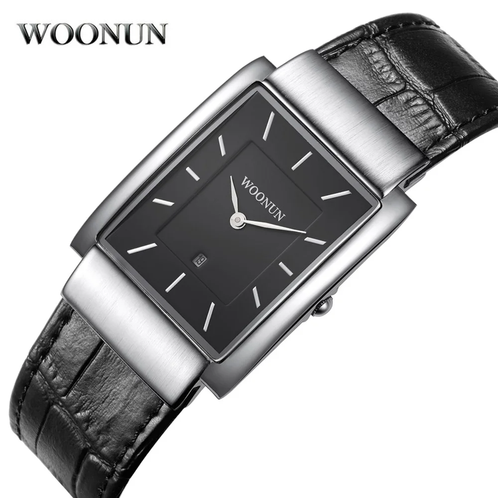 

WOONUN Men Quartz Watches Top Brand Luxury Japan Rectangle Wrist Watches for Men Faux Leather Band Watch Super Thin Mens Watches