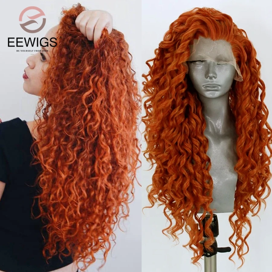Ginger Synthetic Lace Front Wig Heat Resistant Long Red Pink Deep Wave Kinky Curly Drag Queen Cosplay Wigs for Women EEWIGS