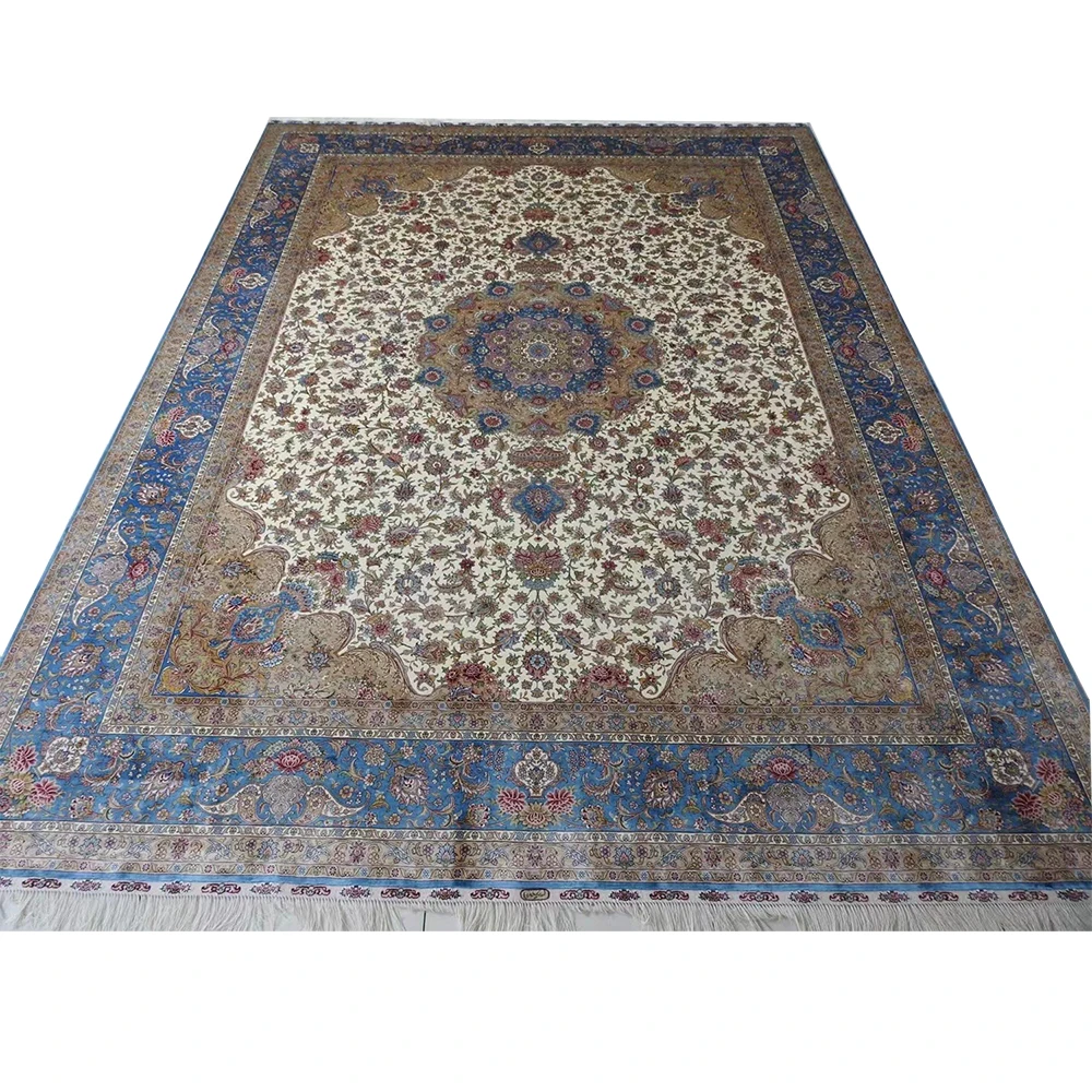 

Persian Silk Rug Oriental Classic Medallion White Hand Woven Living Room Carpet 9x12 Foot