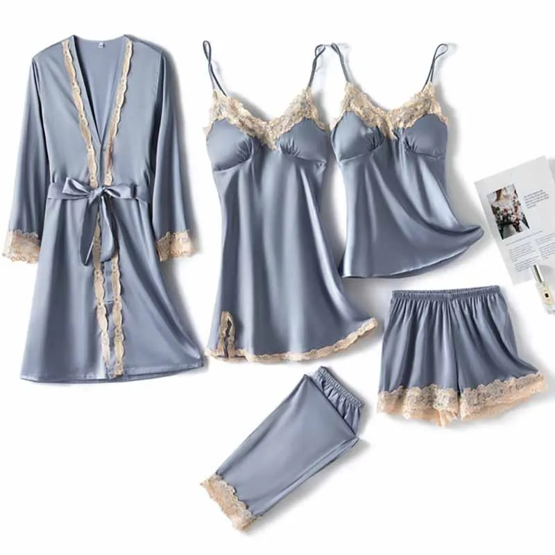 

Women Pajamas Set Sexy Robe Faux Silk Sleepwear Lace Kimono Bathrobe Gown Intimate Lingerie Casual Lounge Wear 5PCS Sleep Suit