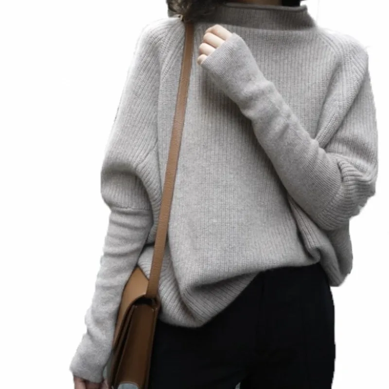

Women's cashmere sweater batwing sleeves casual pullover Turtleneck knitwear thick solid color High Tops large size sweater