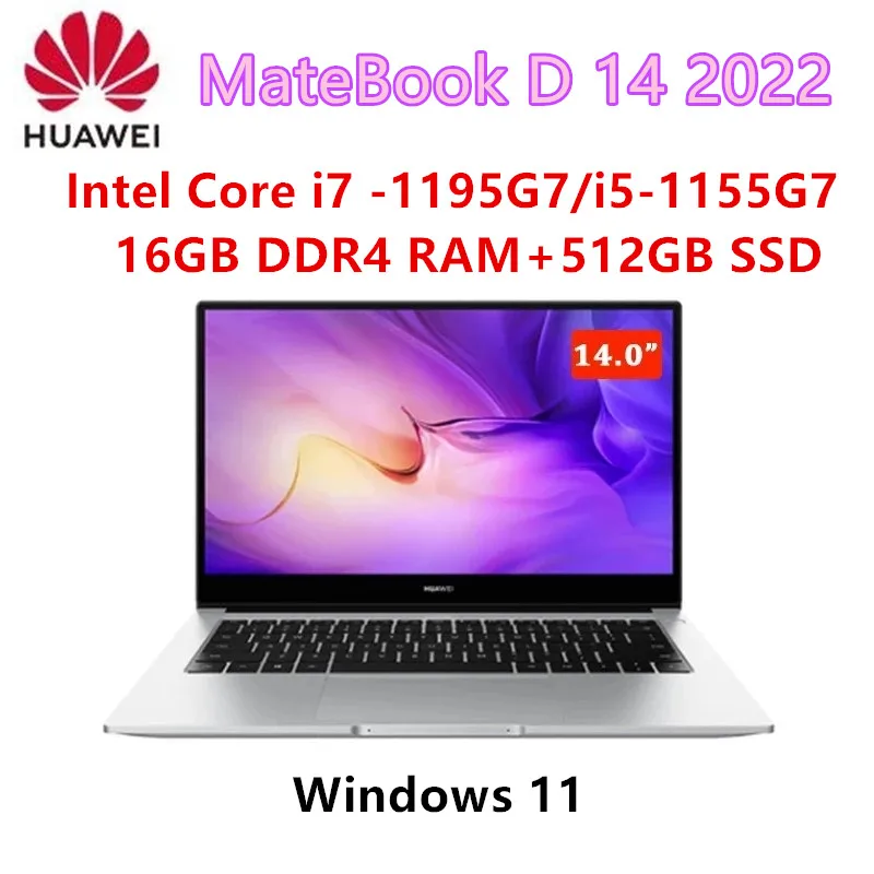 Ноутбук HUAWEI MateBook D 14 2022 новый ноутбук дюймов Intel Core i7 -1195G7 16 Гб ОЗУ 512 SSD тонкий и