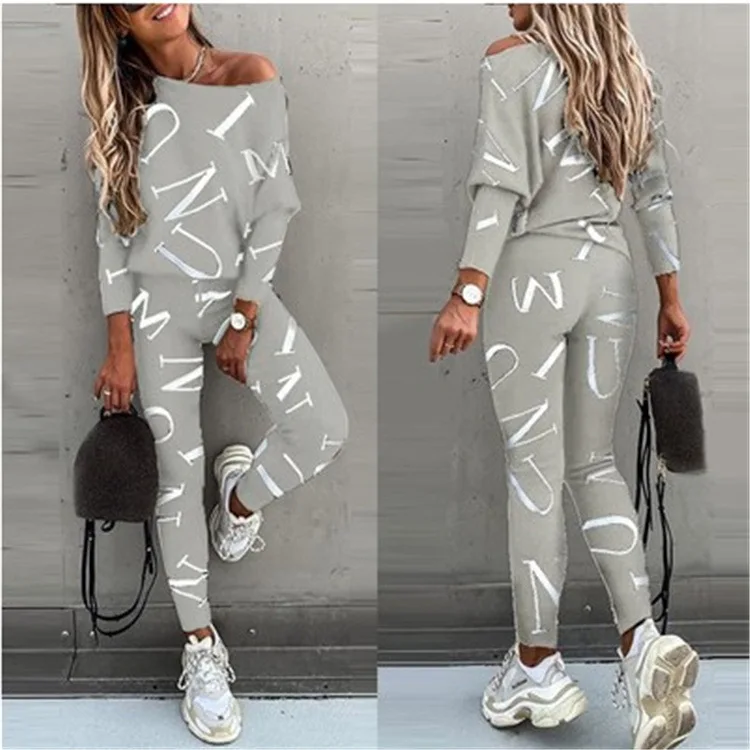 

Женский комплект из 2 предметов с буквенным принтом, новый домашний костюм, Повседневная Домашняя одежда с длинными рукавами, женские брюки,...