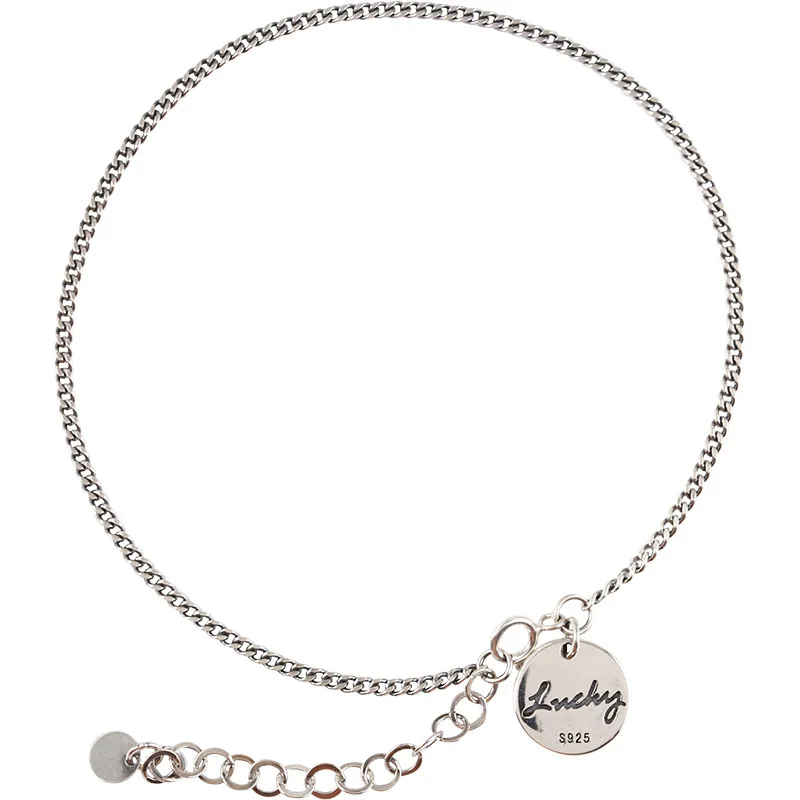 

Korea Fashion Simple 925 Silver Color Anklet Chain Round Card Carving "Lucky" Letter Fine Jewelry For Women Girl Birthday Gifts