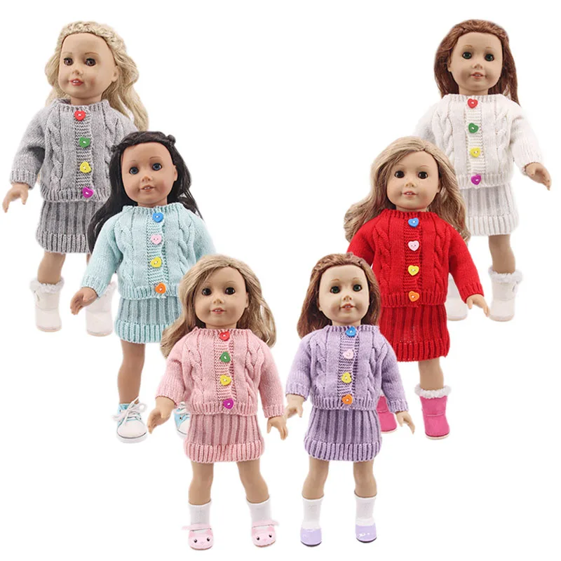 Одежда для кукол свитер шапка/вязаное пальто на пуговицах + облегающее платье 18