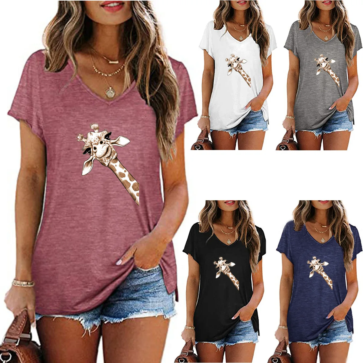 

Giraffe Printed Cartoon Tops Women Casual T-Shirt Short Sleeve V-Neck Loose Tops 2021 New Summer T-Shirt Female Black White Tops