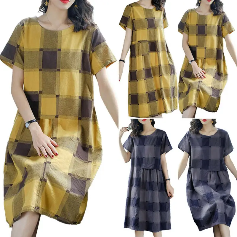 

Women Casual Loose Round Neck Dress Plaid Short Dress Holiday A-line Sundress