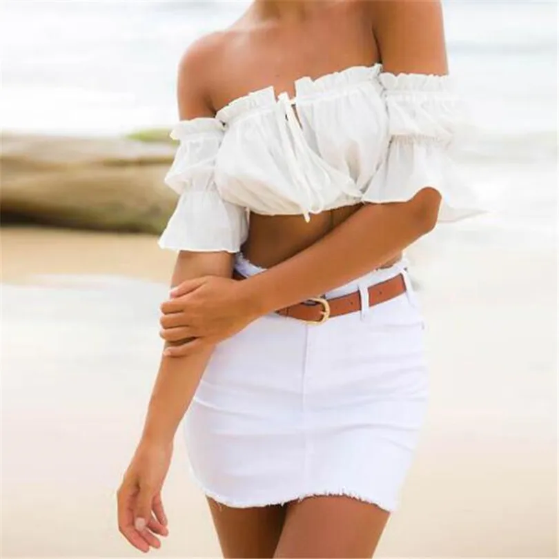 

Summer Crop Top Sexy Off Shoulder Blouse Womens Tops And Blouses Ruffles Women Backless Black White Blouses Feminine