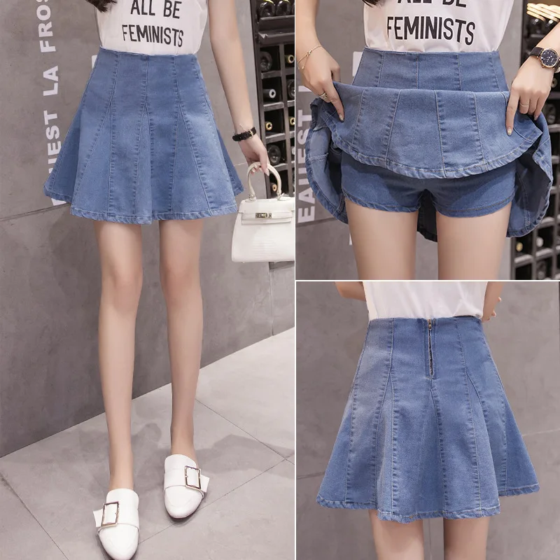 

Джинсовая юбка-шорты для женщин, летняя модная плиссированная мини-юбка с высокой талией, Женская милая трапециевидная синяя джинсовая юбка