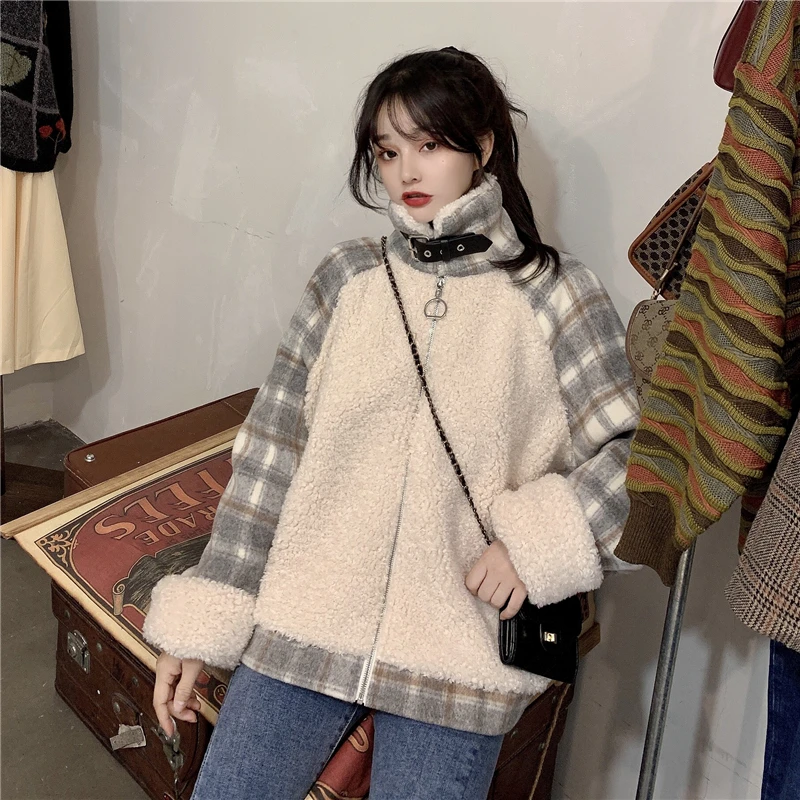

Lucyever Women Winter Plaid Coats 2020 Thick Warm Furry Spliced Jackets Woman Stand Collar Loose Full Sleeve Clothing Female