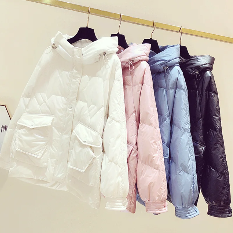 

Autumn And Winter Women's Padded Jacket Solid Color Glossy Warm Hooded Collar Fashion Pocket Casual Female Loose Thicken Coat