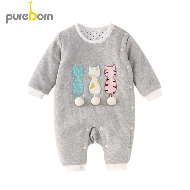 Pureborn/Одежда для новорожденных; комбинезон с рисунком кота; хлопковый Рождественский костюм с подкладкой для маленьких мальчиков и девочек; зимняя одежда - Цвет: gray