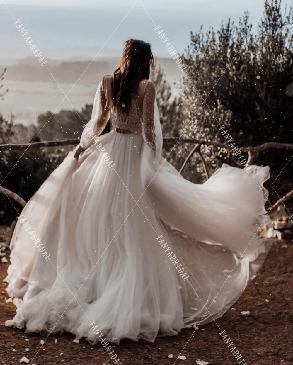 Boho Dreamy A Line Свадебные платья с длинным рукавом золотой пояс Свадебные платья Robe de soriee Maxi Noivas DW187