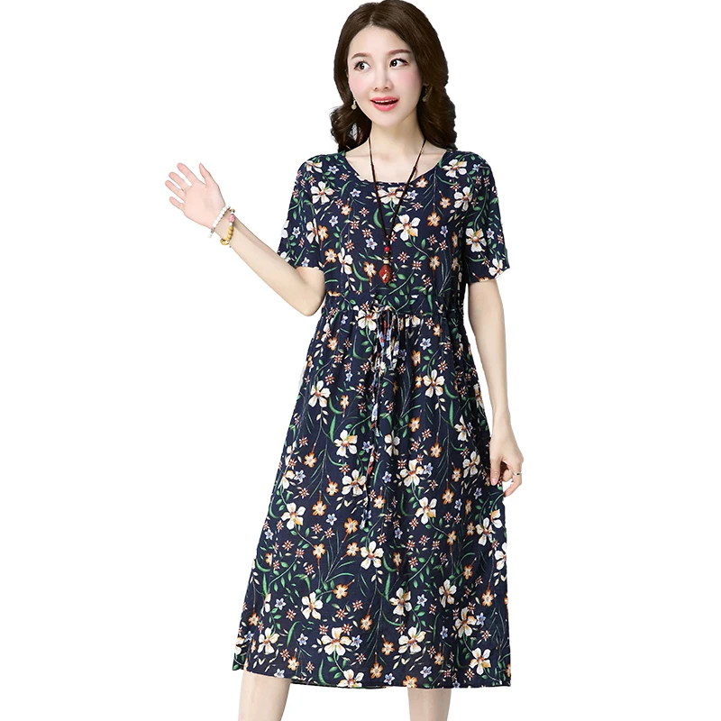 Женское платье с коротким рукавом и круглым вырезом из хлопка льна повседневное