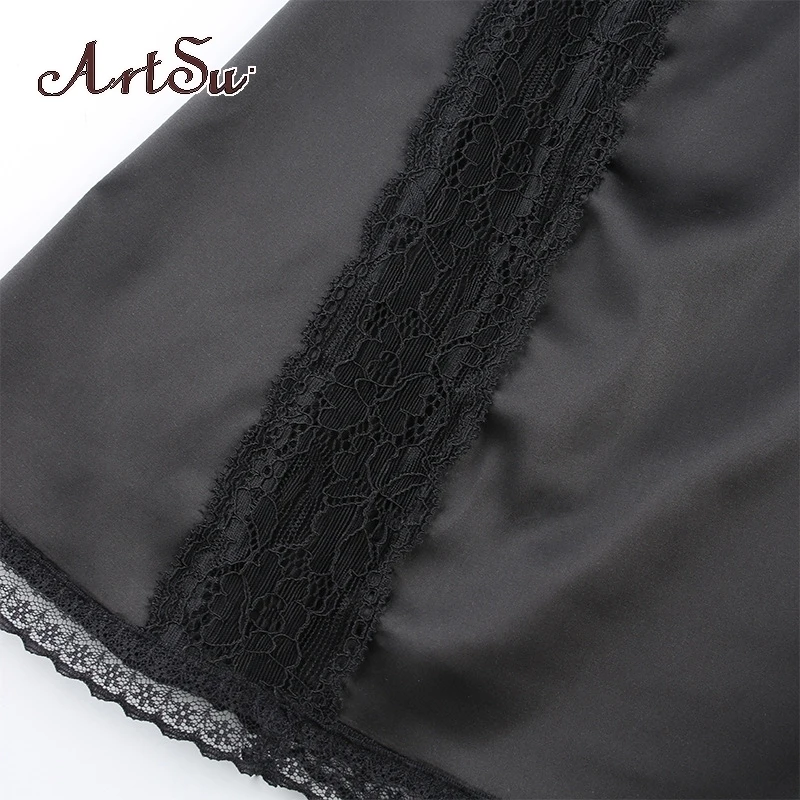 

Artsu V Neck Satin Sexy Mini Dress Women Lace Patchwork Backless Summer Spaghetti Strap Party Black Elegant Dresses 42296