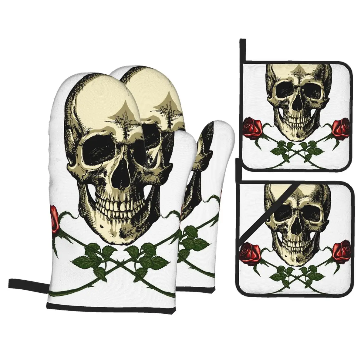 

4pcs Kitchen Gloves Insulation Pad Human Skull With Two Roses Cooking Microwave Gloves Baking BBQ Oven Potholders Oven Mitts